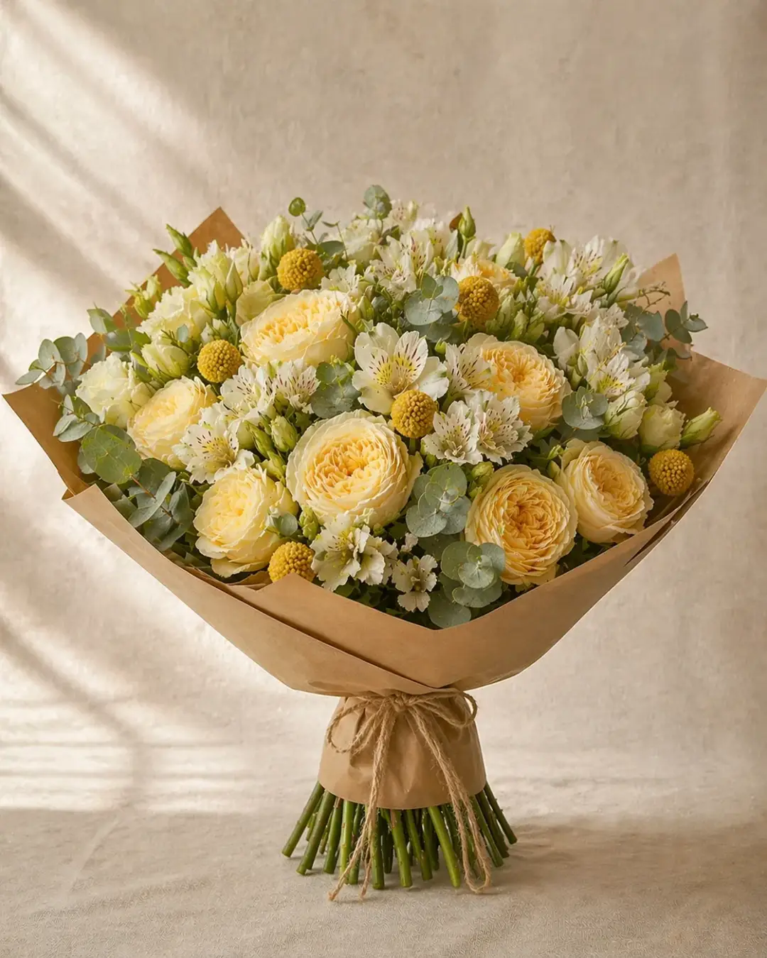 Bouquet aux tons jaune pâle et crème, lumineux et doux