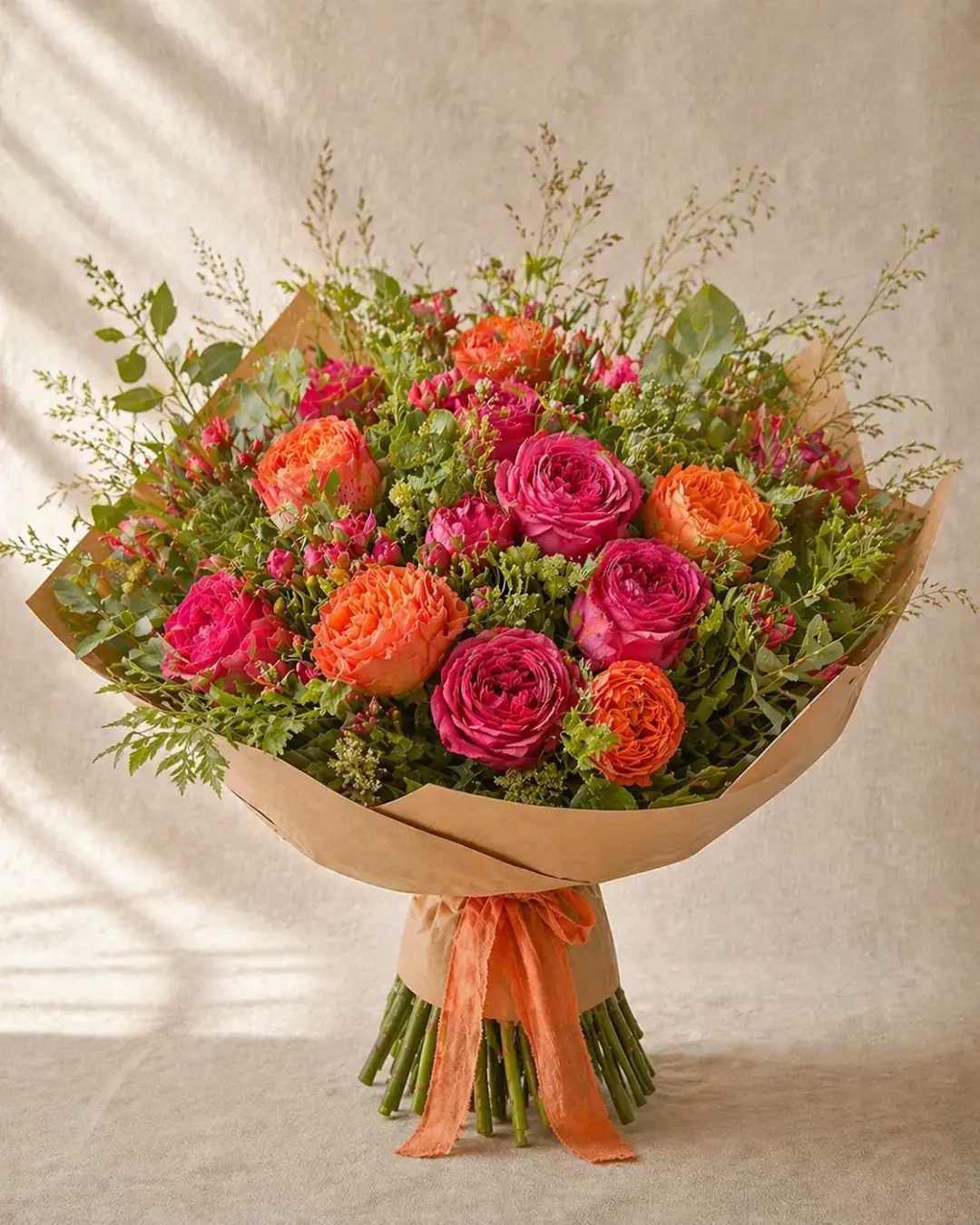 Bouquet d’anniversaire Bastille aux tons rose vif et orange, plein d’éclat
