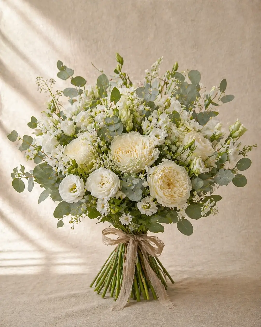 Bouquet de roses et de fleurs blanches avec de l’eucalyptus, tiges nouées d’un ruban de lin