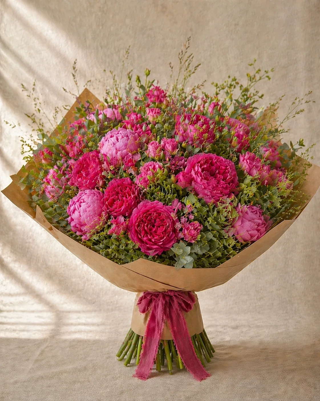 Bouquet de roses fuchsia et rose vif, eucalyptus et herbes fines, papier kraft noué d’un ruban rose