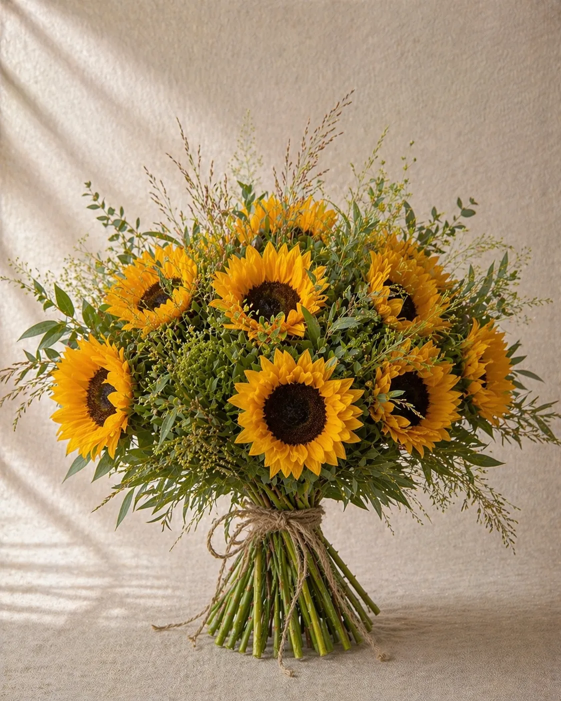 Bouquet de tournesols et de graminées, lumineux et sans fioritures