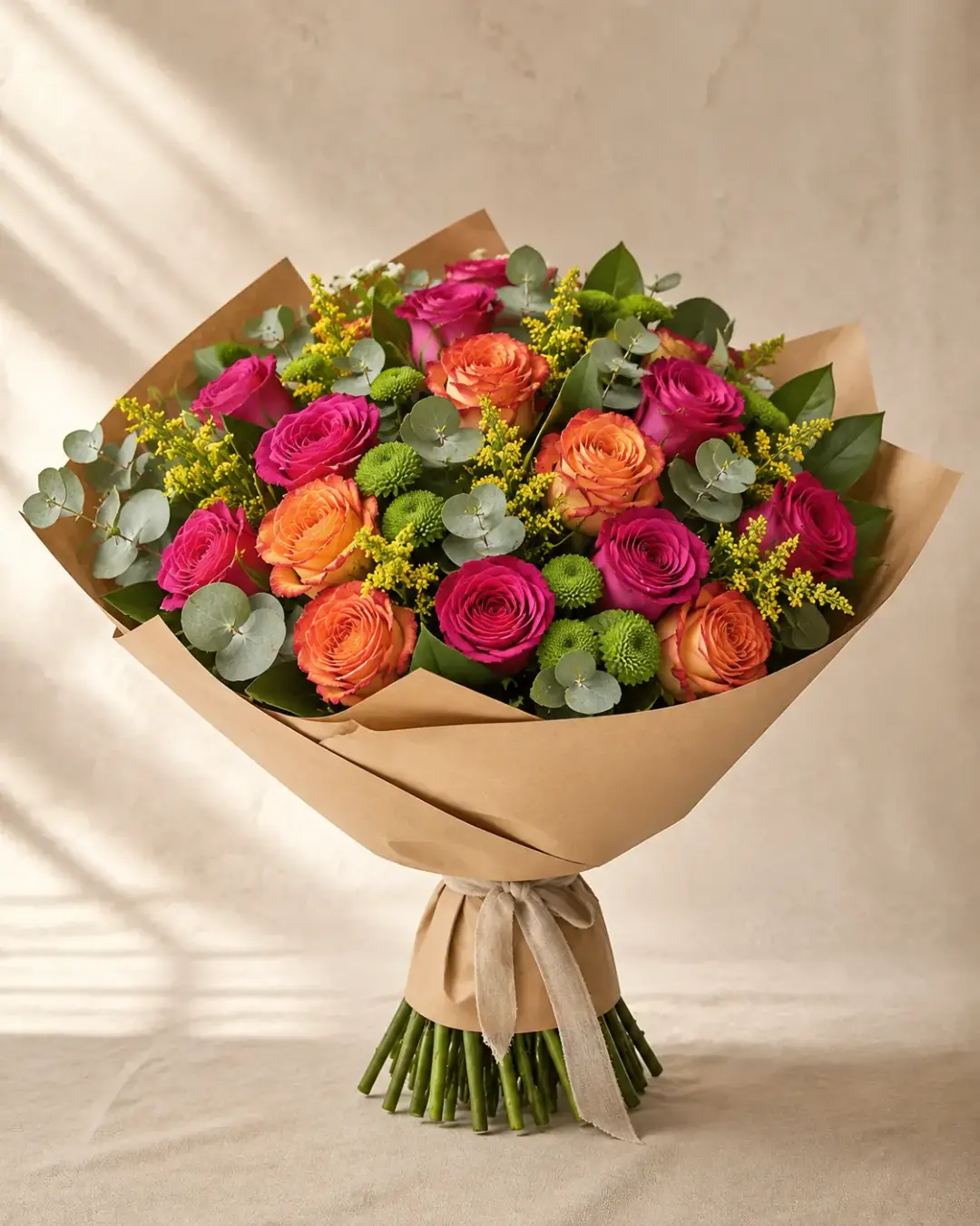 Bouquet de roses orange et fuchsia, solidago jaune et eucalyptus, emballé dans du papier kraft