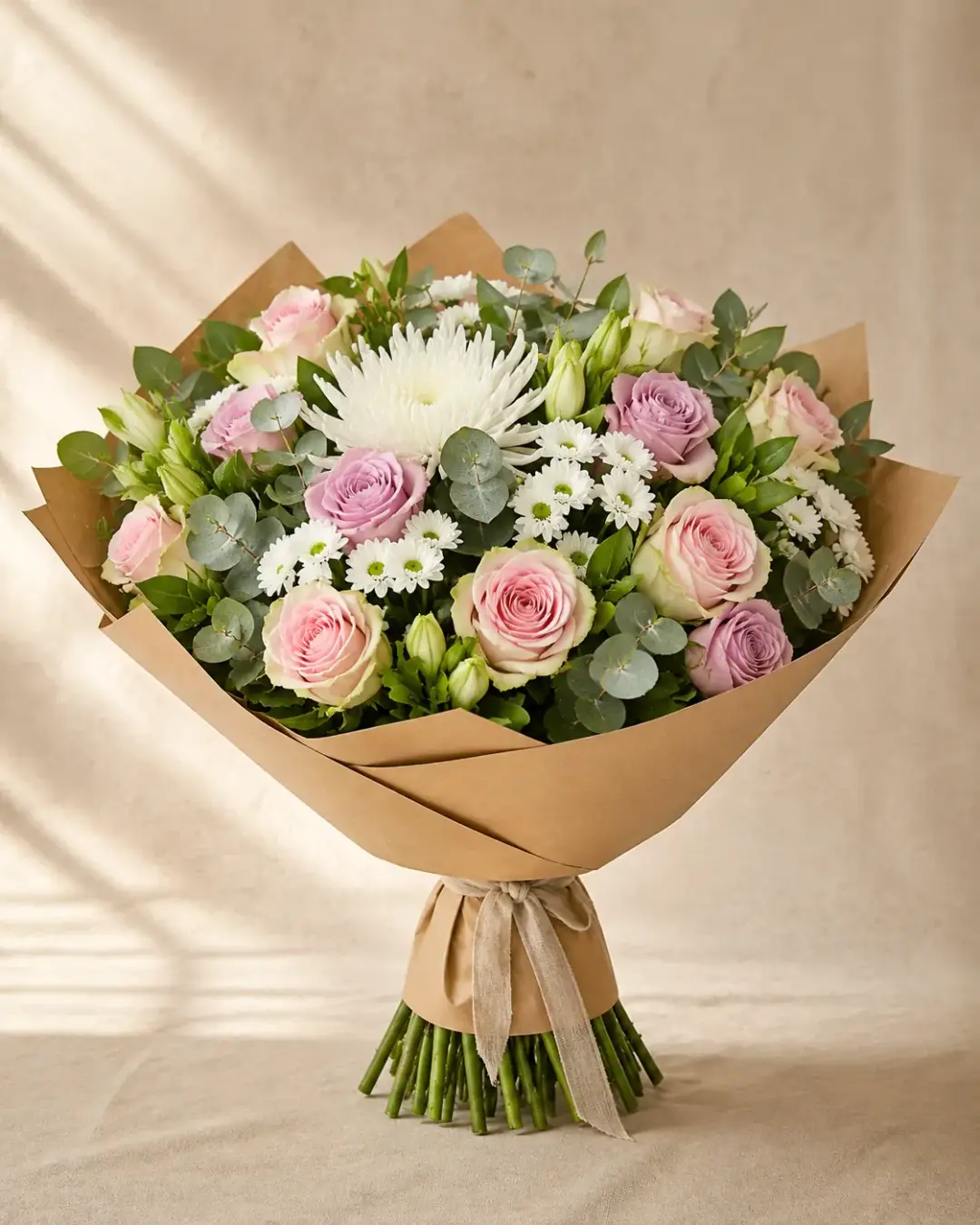 Bouquet Monceau de roses pastel et chrysanthèmes blancs, clair et serein