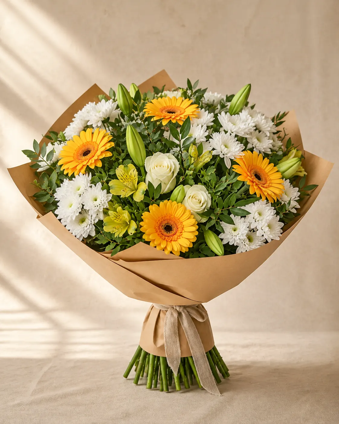 Bouquet de gerberas jaunes et orange, roses blanches et marguerites, papier kraft