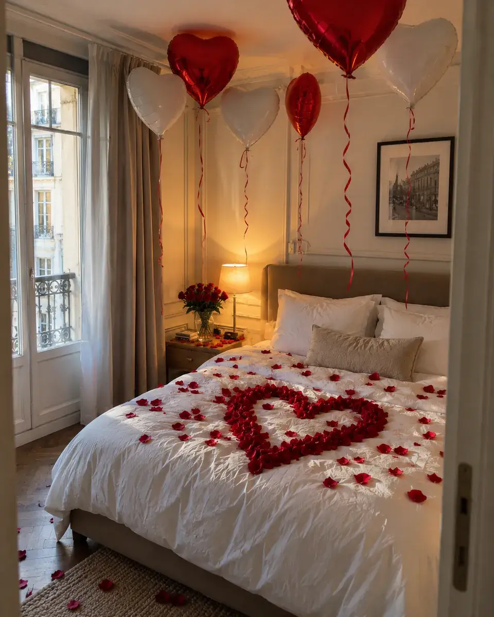 Chambre d’hôtel décorée pour un anniversaire avec pétales de roses, bouquet de roses rouges et ballons cœur