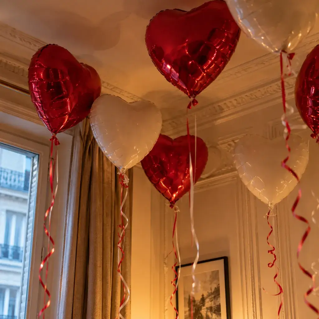 Ballons cœur à l’hélium dans une chambre d’hôtel