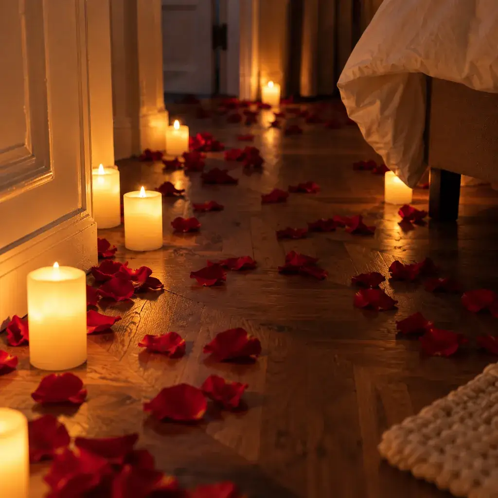 Bougies LED parmi les pétales de roses sur le parquet