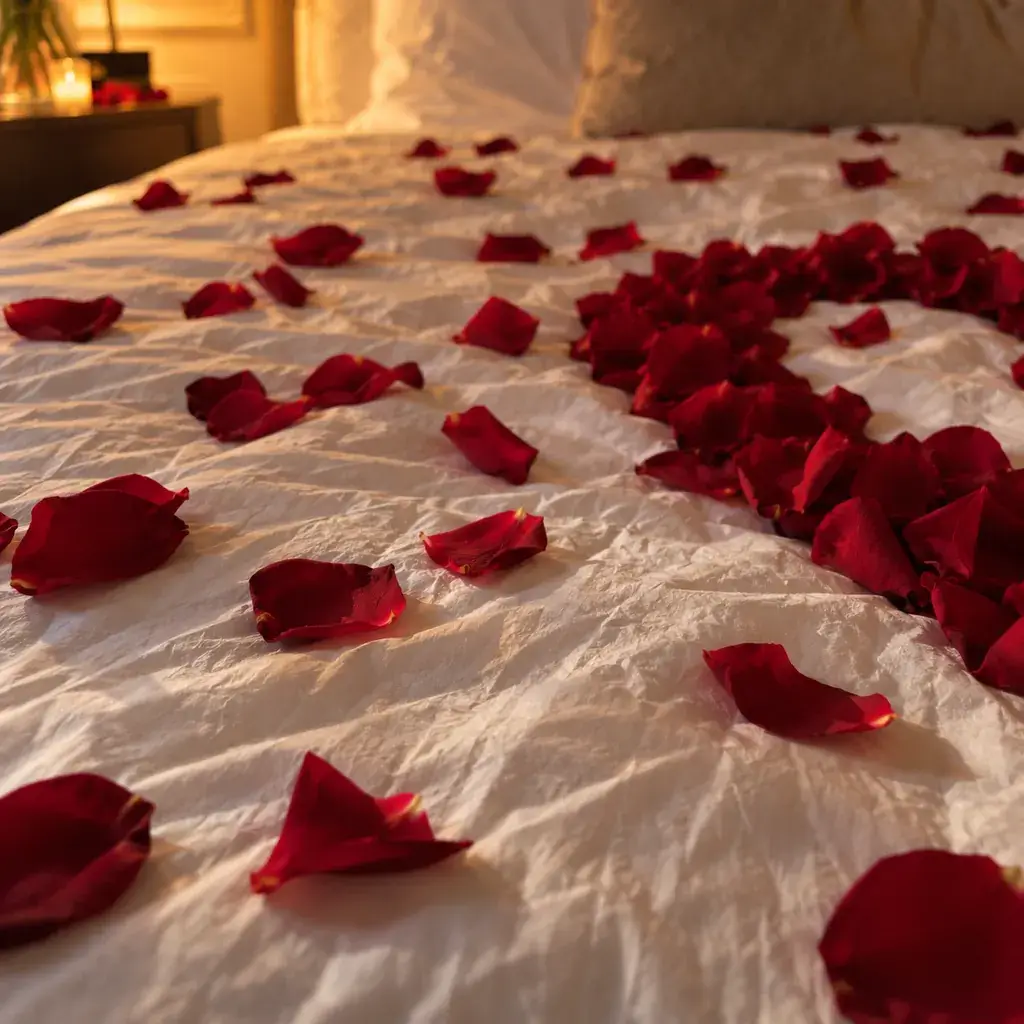 Pétales de roses fraîches sur des draps blancs
