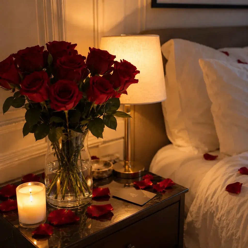 Bouquet de roses rouges en vase sur la table de chevet