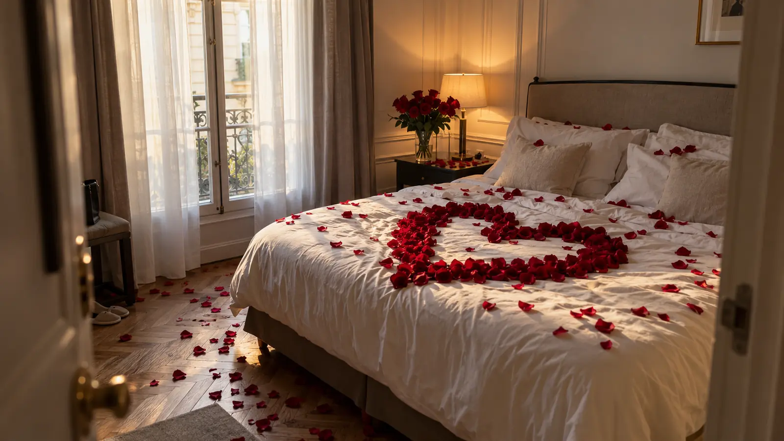 Décoration de chambre d’hôtel à Paris : cœur de pétales de roses rouges sur le lit