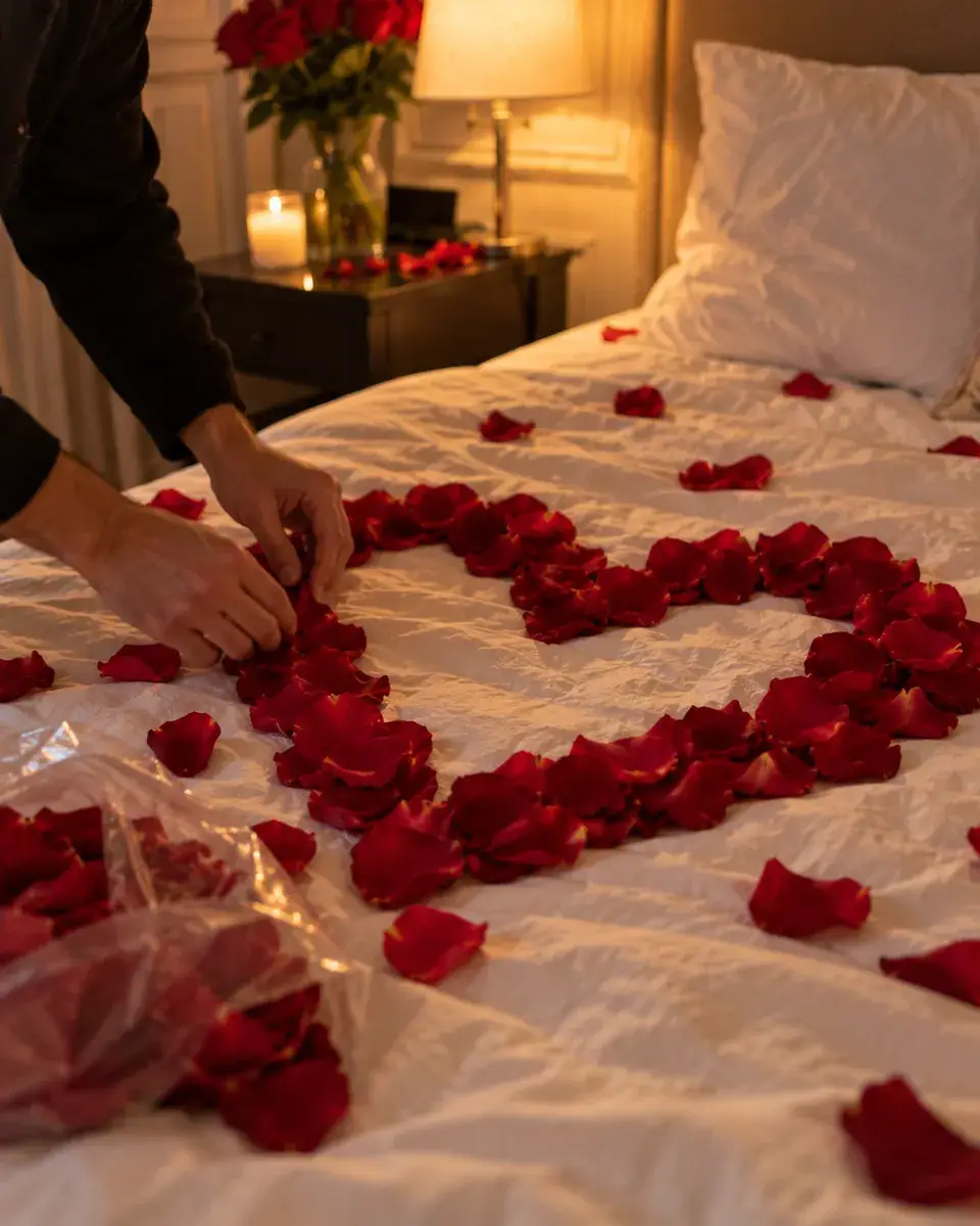 Mains déposant des pétales de roses en forme de cœur sur un lit d’hôtel