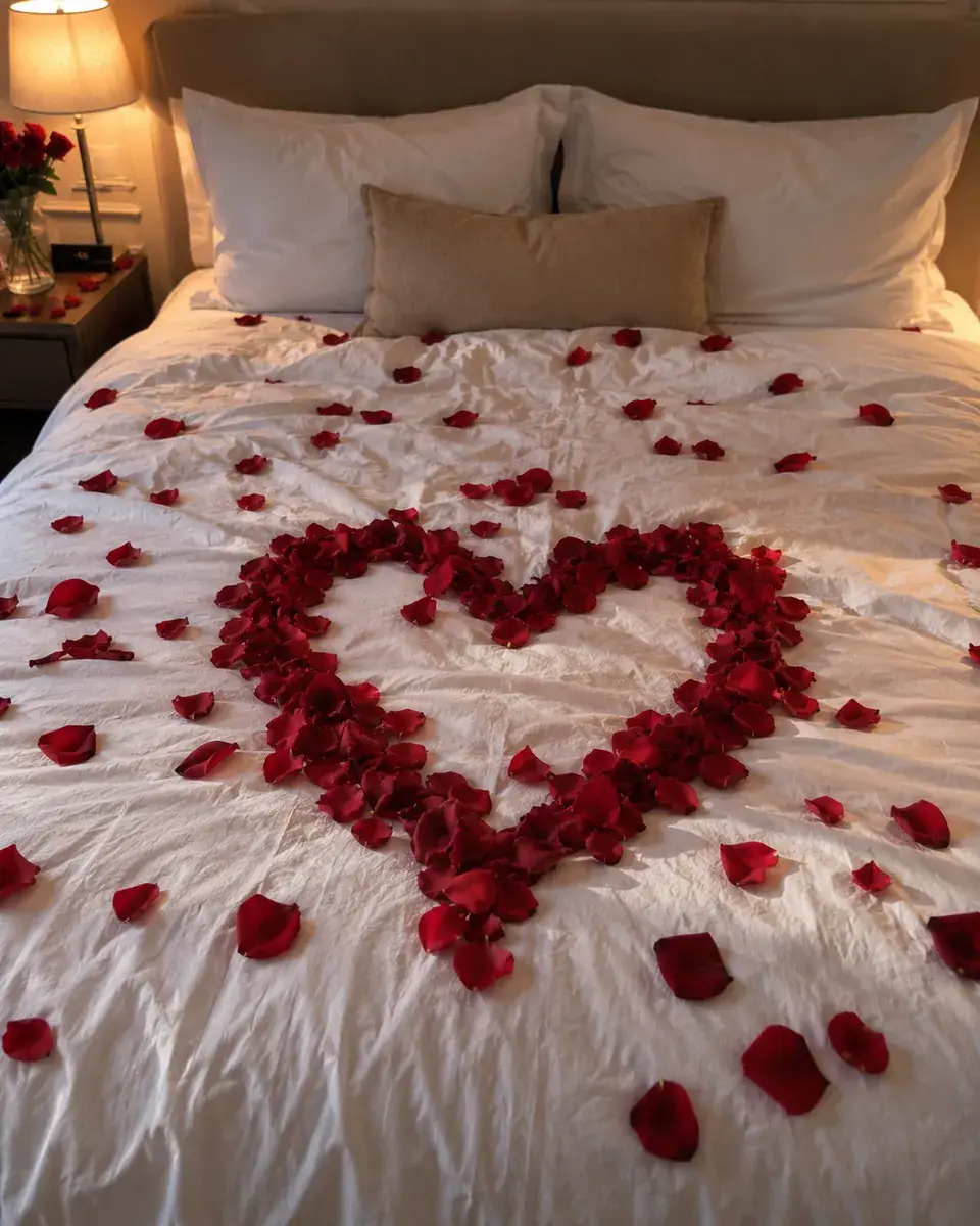 Formule Pétales : cœur de pétales de roses rouges sur un lit d’hôtel
