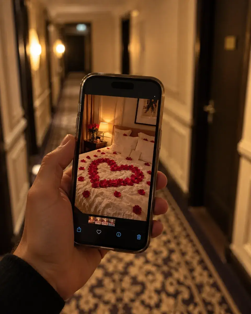 Photo de la chambre d’hôtel décorée reçue sur un téléphone