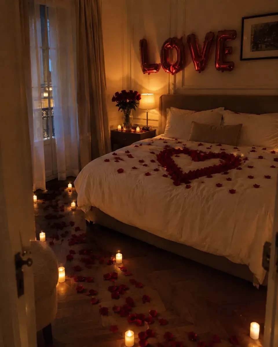 Chambre d’hôtel préparée pour une demande en mariage avec chemin de pétales, bougies LED et ballons LOVE