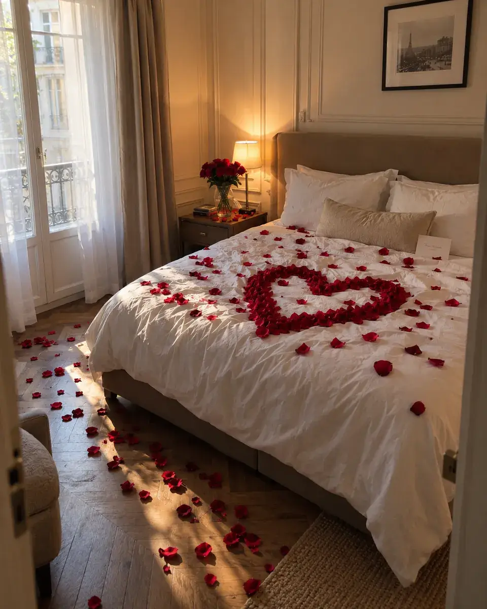Formule Chambre Hanaé : cœur de pétales sur le lit, pétales au sol et carte manuscrite sur l’oreiller